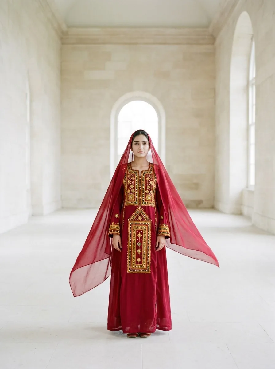 Look 01, the crimson pashk, in a limestone gallery