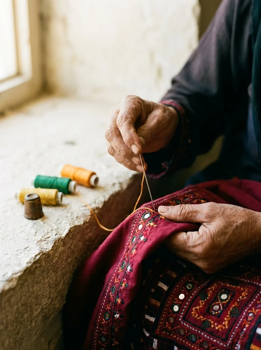 An artisan's hands at work on a panel of doch