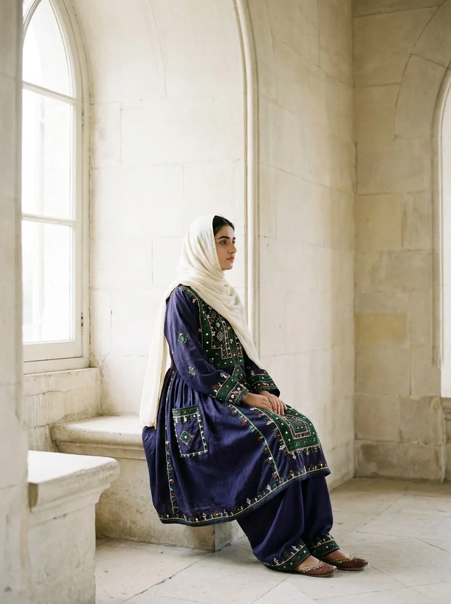 Look 03, indigo pashk by a window