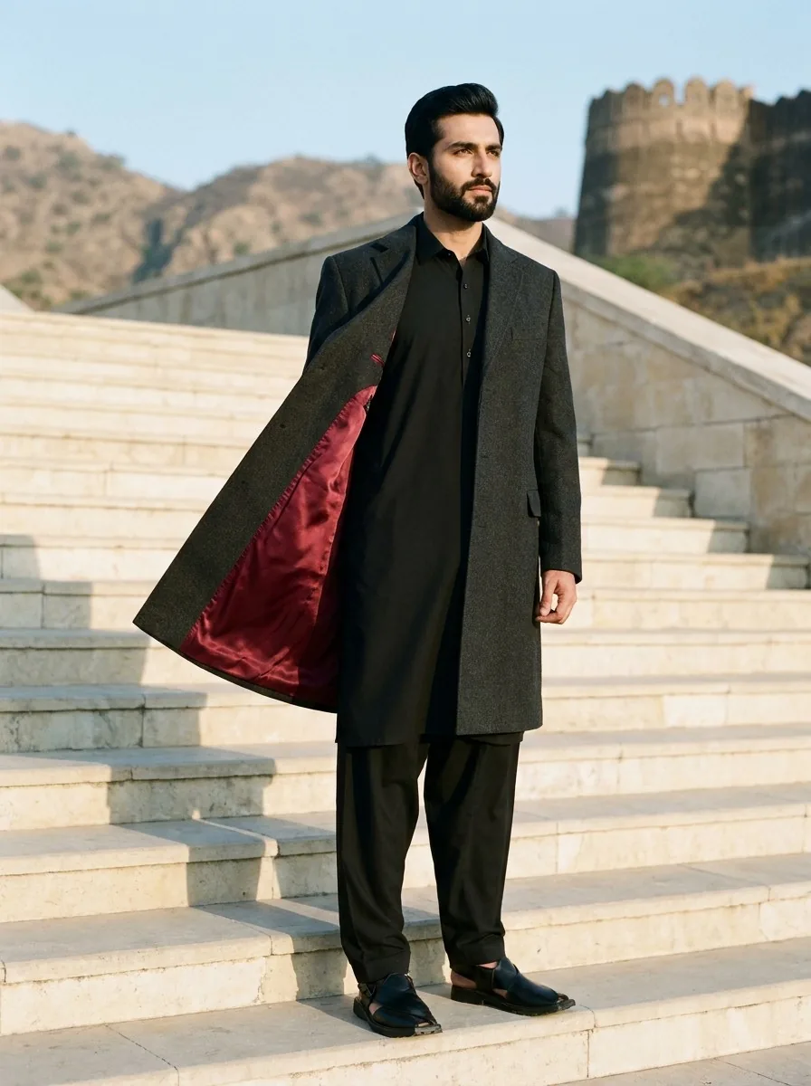 Look 04, black shalwar kameez with an overcoat at the fort